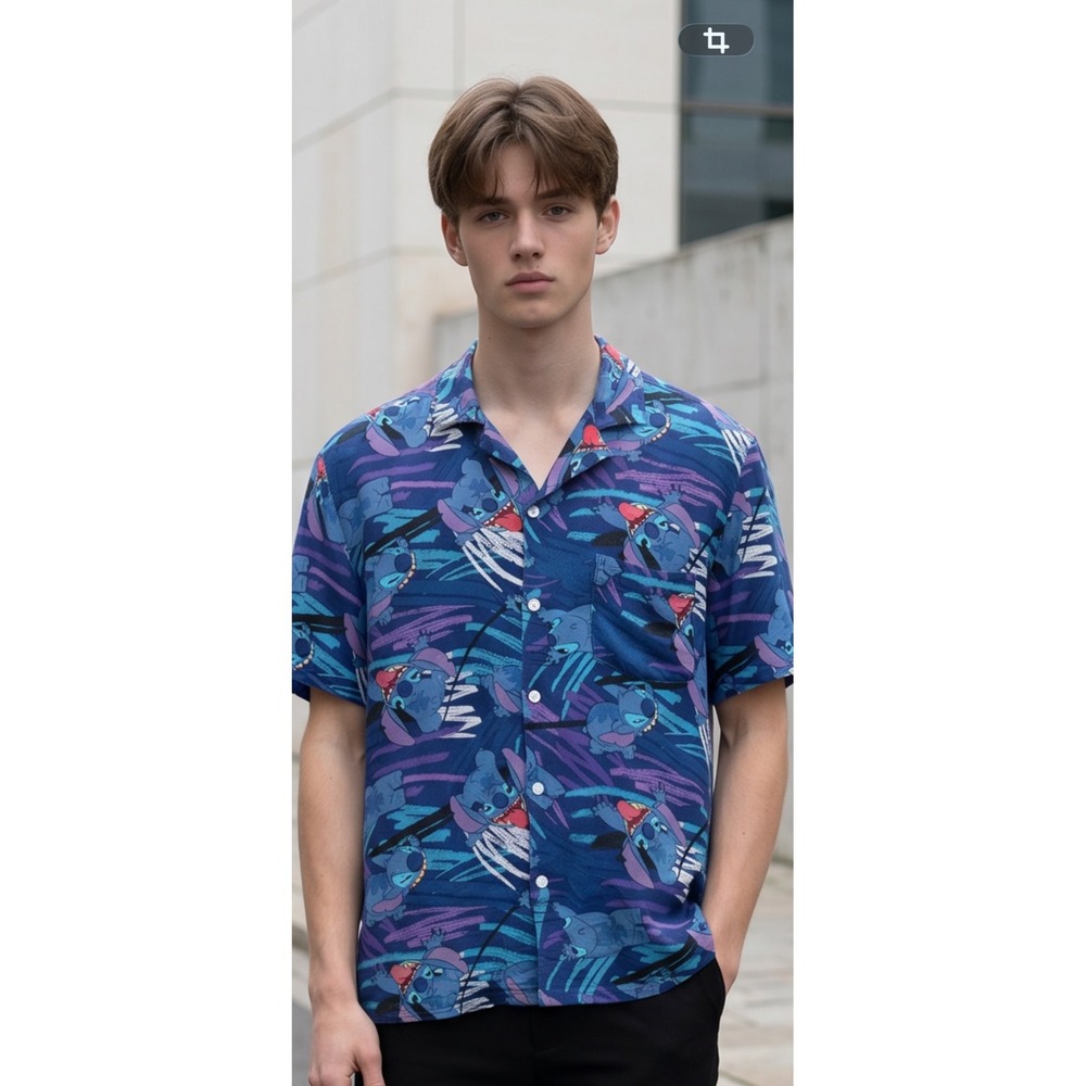 Disney Lilo & Stitch Mens Large Blue Purple All Over Print Button Down Shirt L